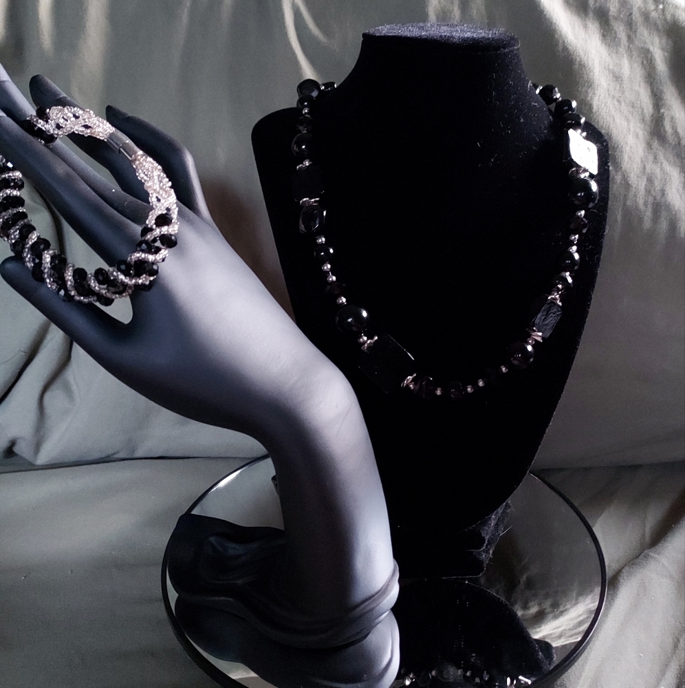 Vintage Glass Black Bead & SilverTone Necklace with Vintage Bracelet
